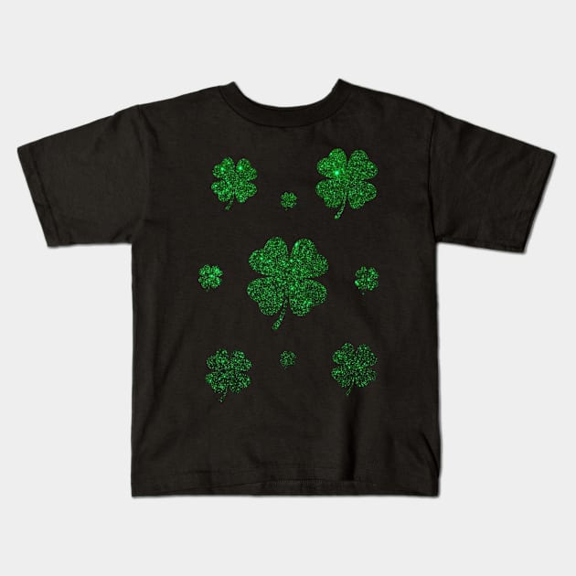 St Patricks Day, Deep Green 4 Leaf Faux Glitter Clovers Kids T-Shirt by Felicity-K